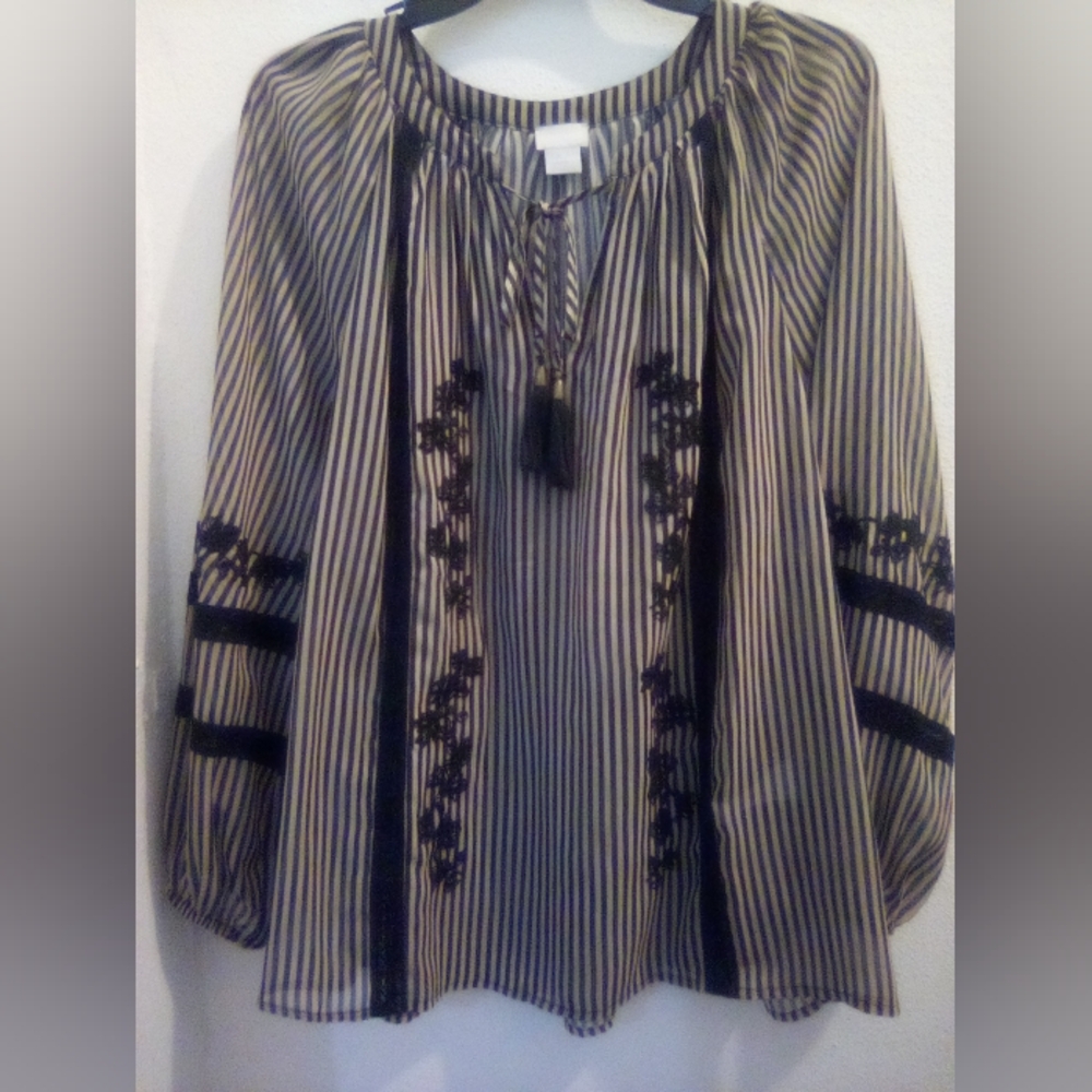 Chico's Striped Blouse with Floral Embroidery Size 2